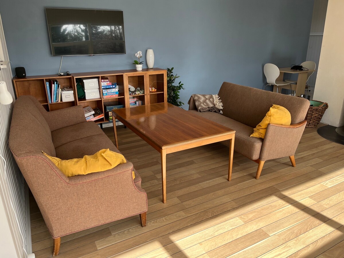 Sofaer og sofabord i sommerhusets opholdsrum